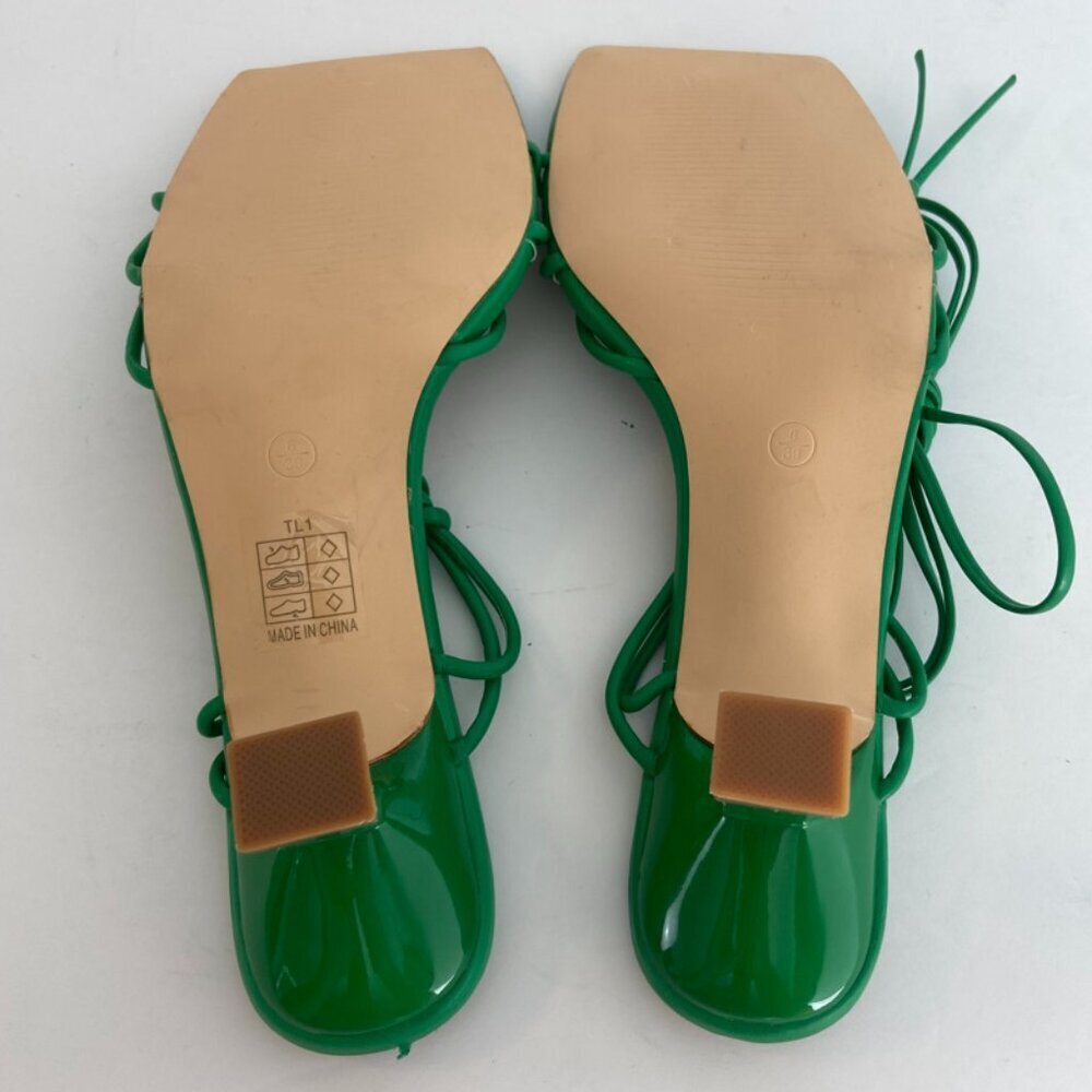 Nasty Gal Green Skinny Strap Square Toe Ankle Tie Midi Heels - Picture 6 of 9